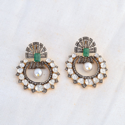 Diamond Pave Emerald Dangle Pearl Earrings