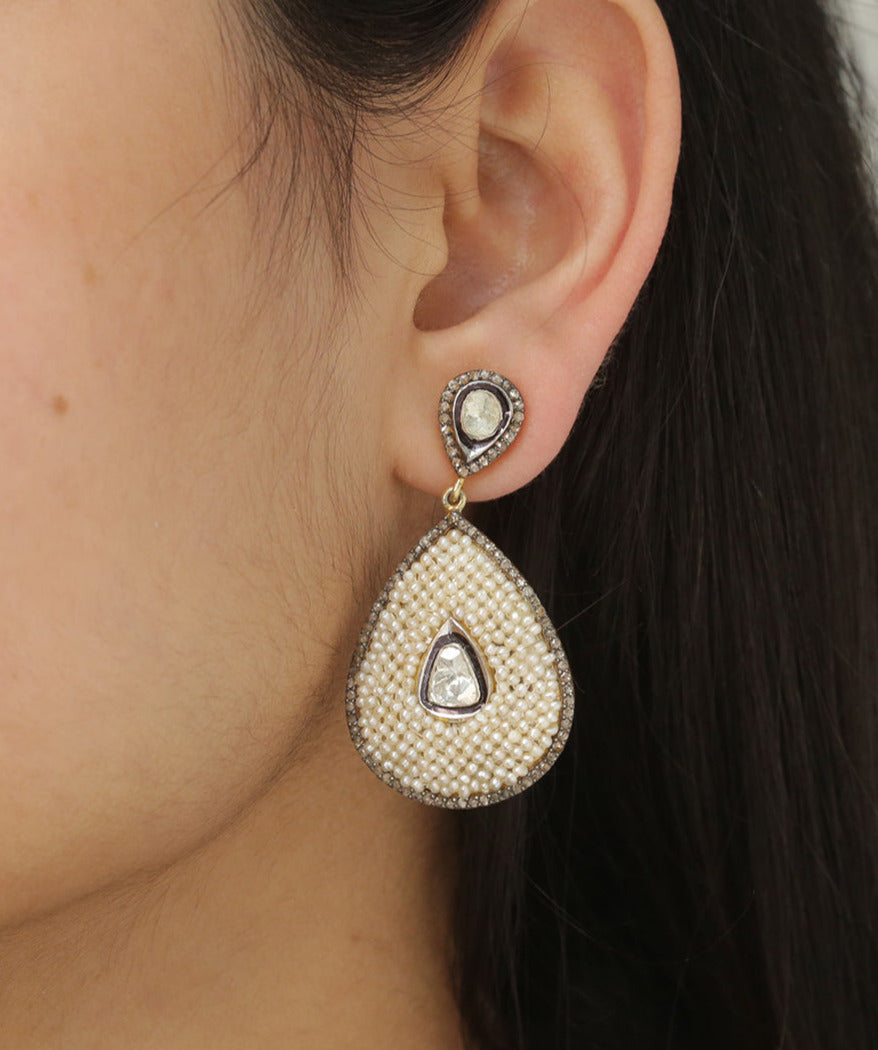 925 Silver Diamond & Pearl Earrings