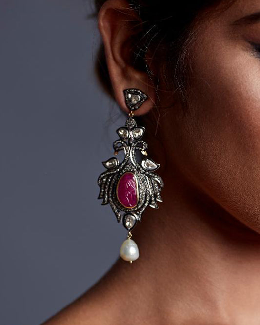 925 Silver Ruby & Pearl Earrings