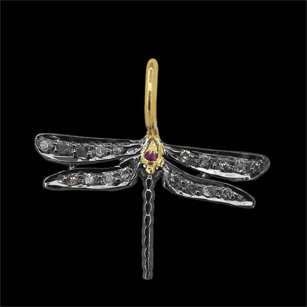 Ruby Eye Dragonfly Charms Diamond Pave 925 Silver Handmade Jewelry