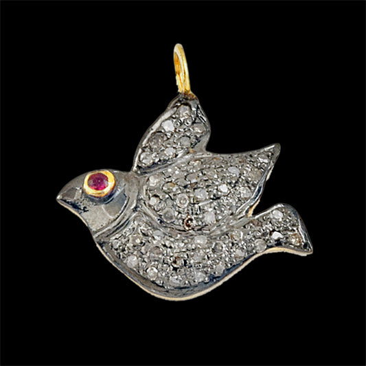 Bird Designer Ruby Eye Diamond 925 Sterling Silver Charm Pendant