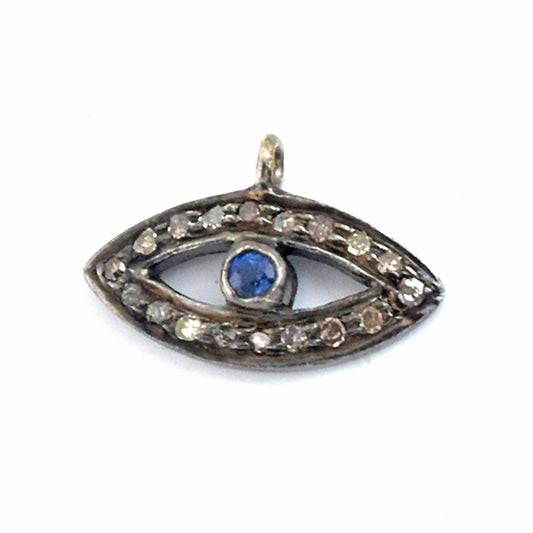 Sapphire Gemstone Natural Diamond Pave Eye Charms Gift 925 Sterling Silver Handmade Fine Jewelry