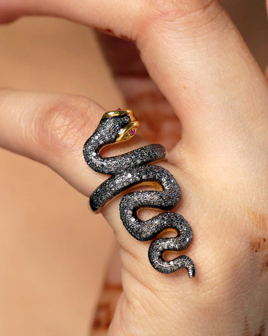 Natural Diamond Ruby Eye Designer Snake Ring