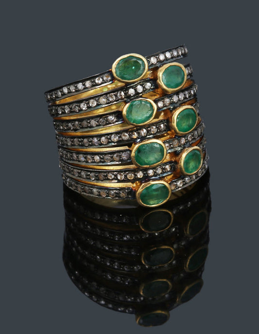 925 Silver Emerald & Diamond Ring