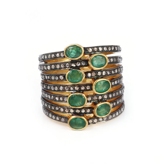 925 Silver Emerald & Diamond Ring